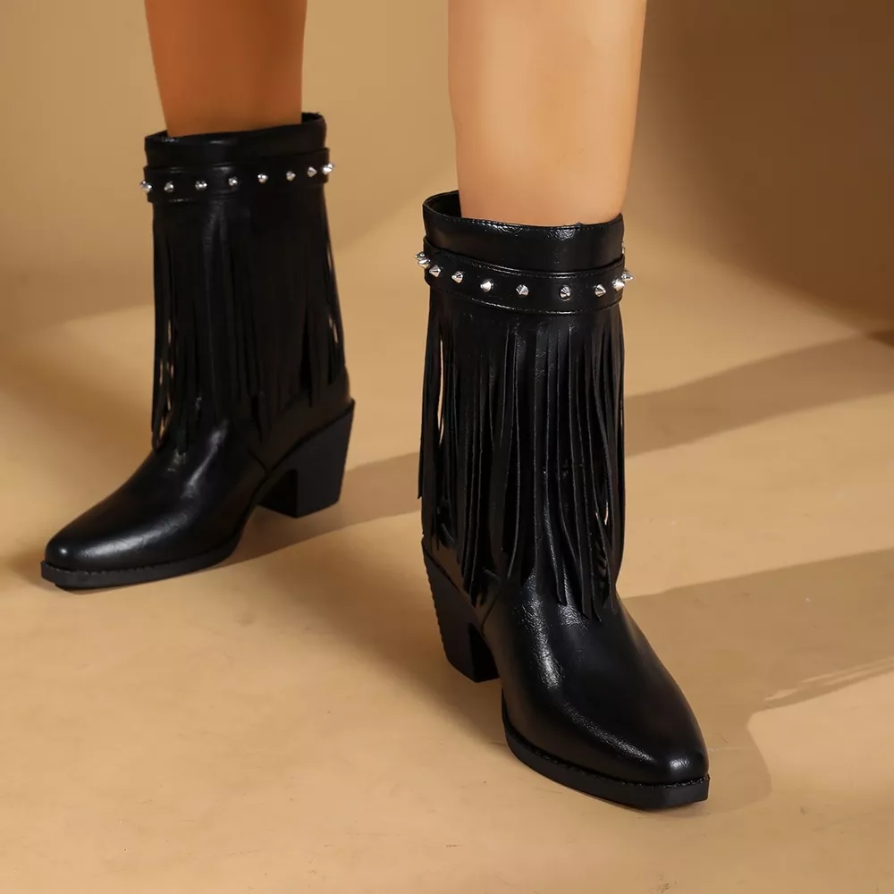 Western Style Fringe Studded Mid-Calf Boots, image 2