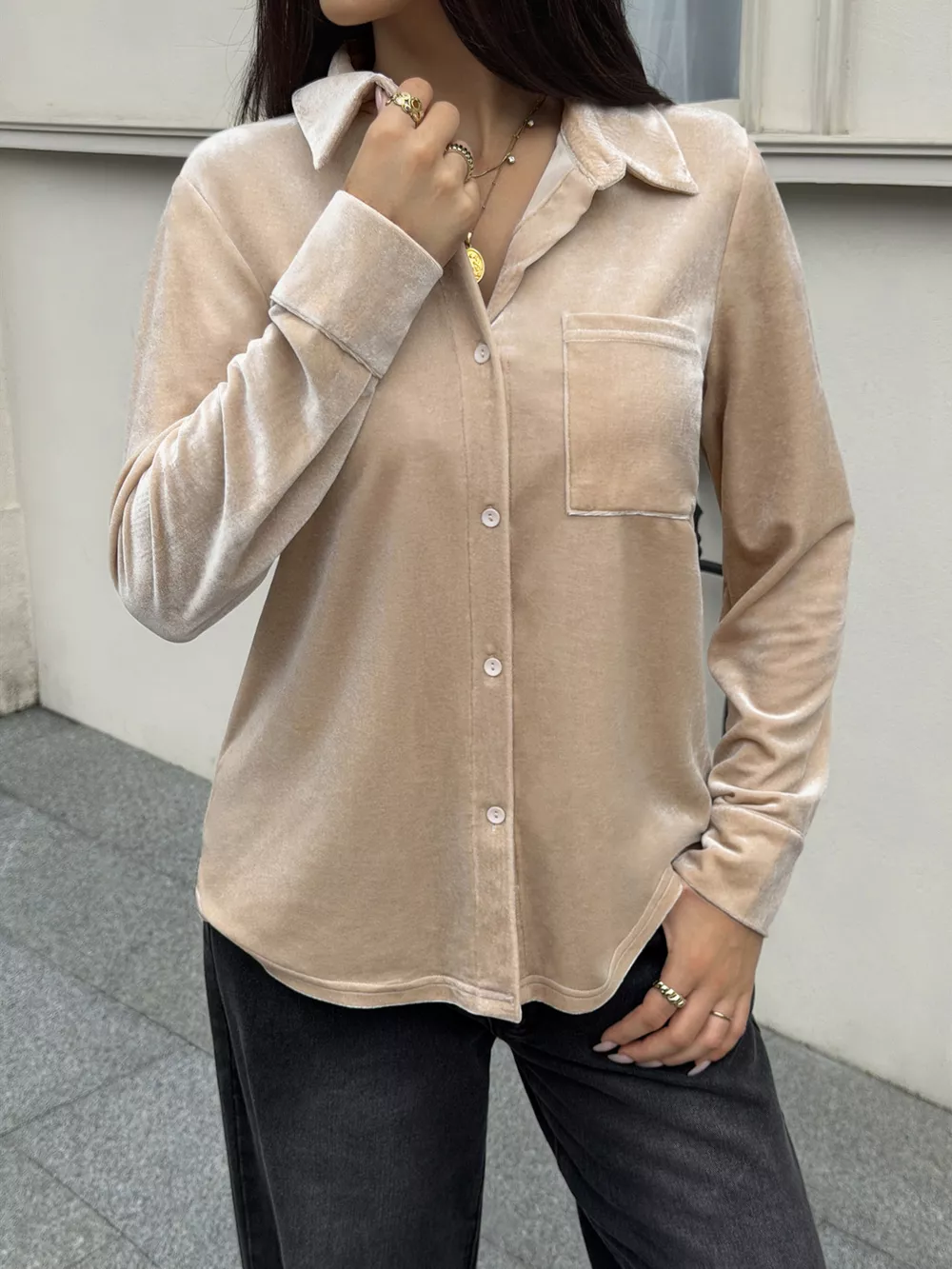 Velvet Button-Down Shirt with Chest Pocket, image 3