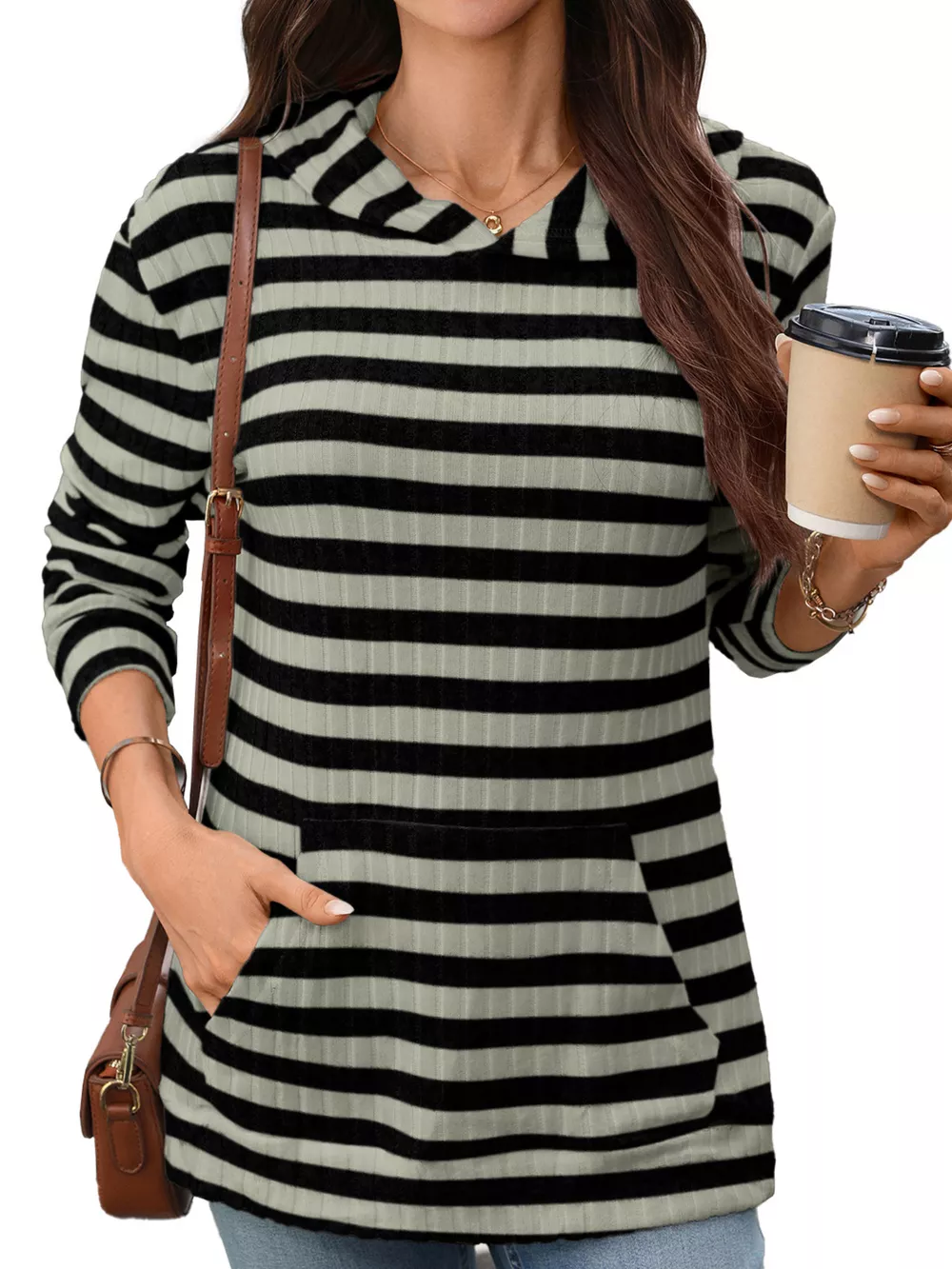 Casual Striped Ribbed Knit Hoodie with Kangaroo Pocket, image 13