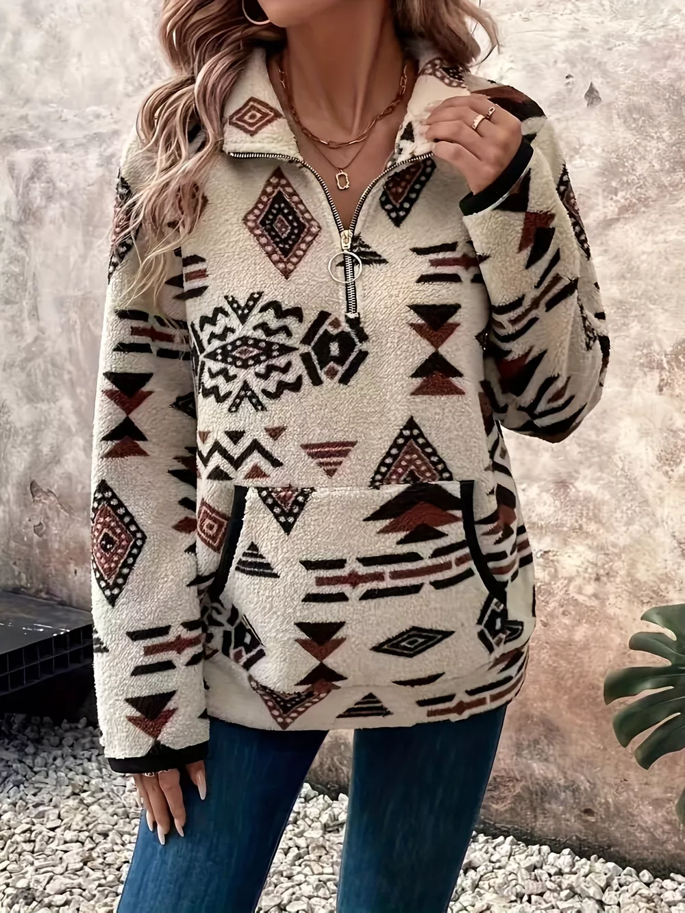 Geometric Half Zip Long Sleeve Sweatshirt, image 3