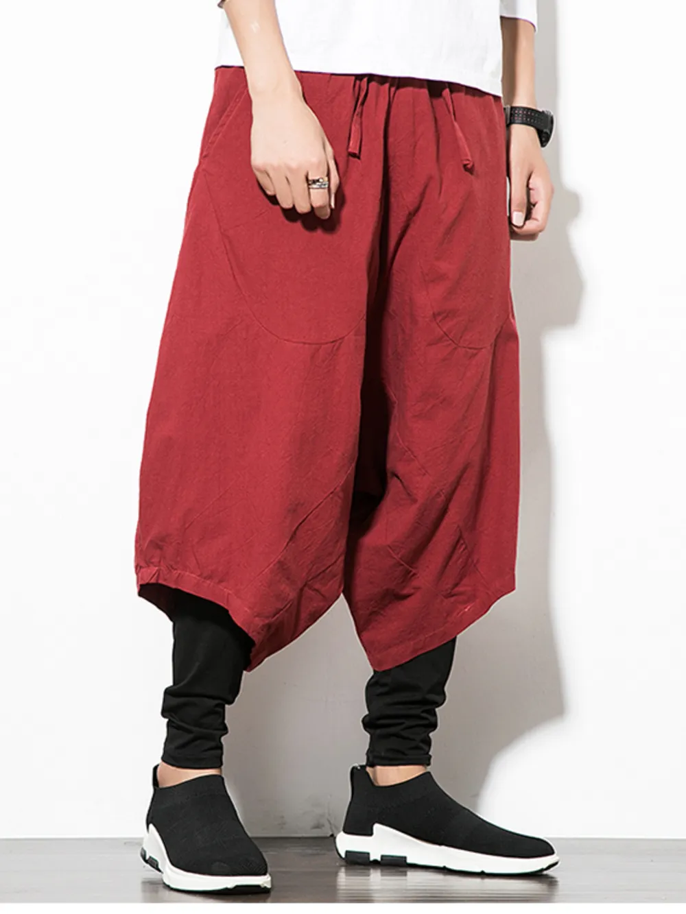 Men's Plus Size Wide Leg Drop Crotch Pants with Drawstring, image 3
