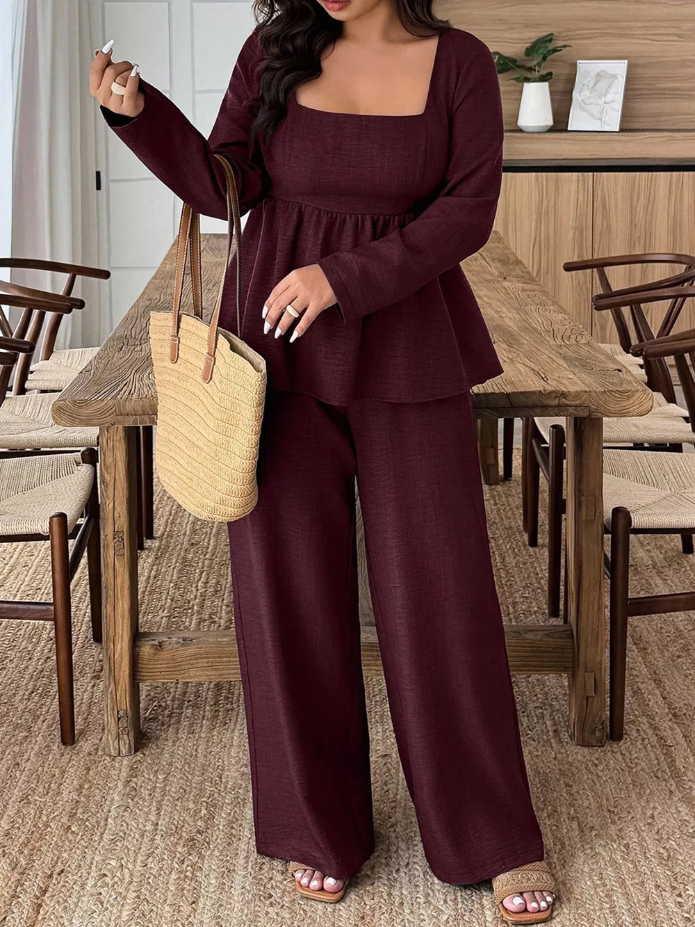 Plus Size Square Neck Long Sleeve Top and Pants Two-Piece Set, image 9