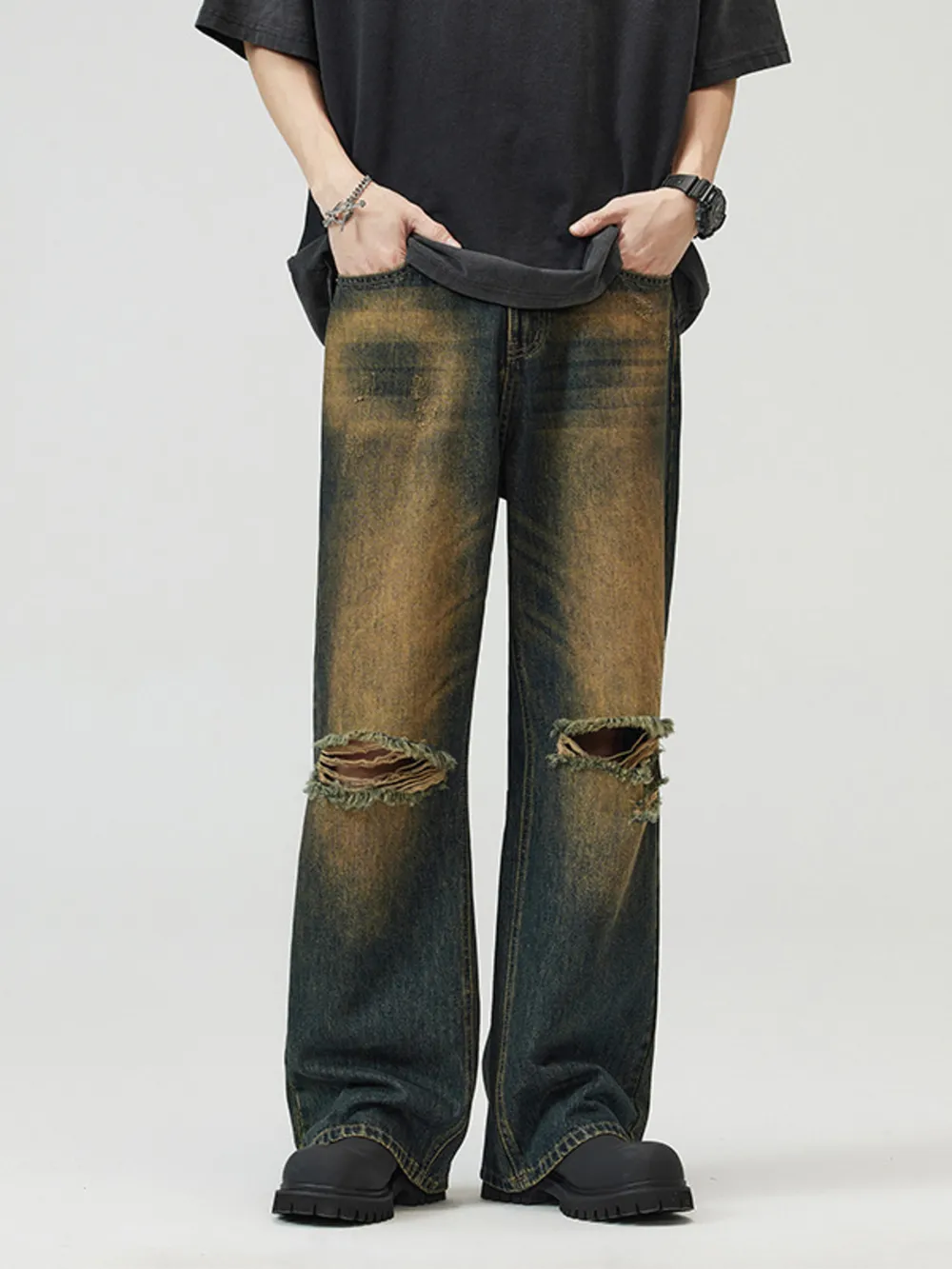 Men's Full Size Washed Distressed Wide Leg Jeans Plus Size, image 3