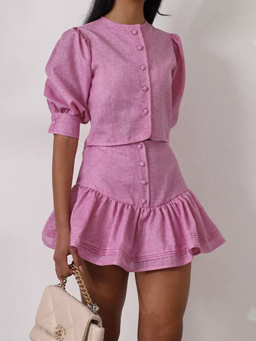 Puff Sleeve Cropped Top and Ruffled Skirt Set, image 2