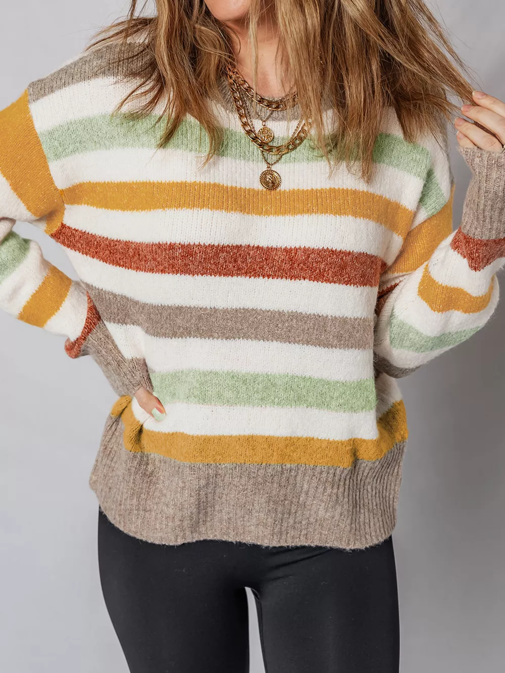 Multicolour Stripe Drop Shoulder Crew Neck Sweater, image 3