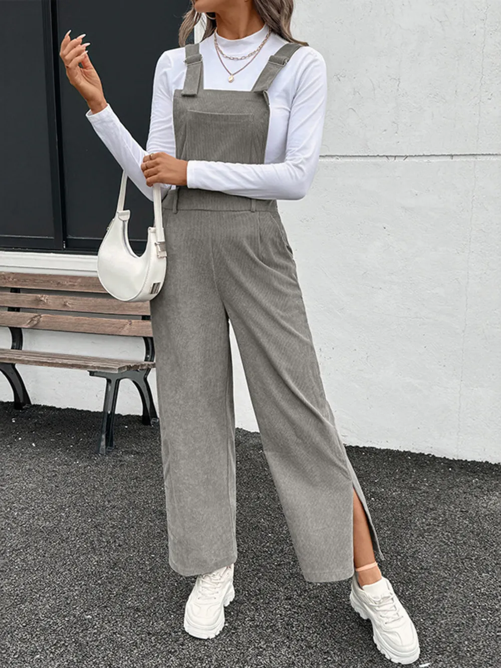 Slit Wide Leg Overalls with Pockets, image 7