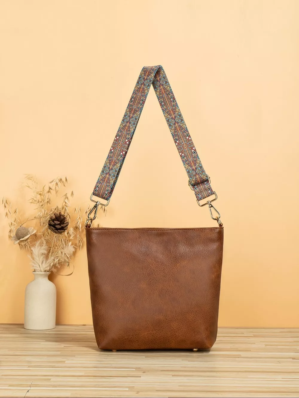PU Leather Crossbody Bag with Patterned Strap, image 2