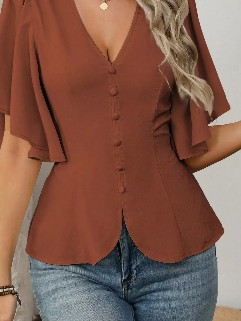 V-Neck Flutter Sleeve Blouse, image 20