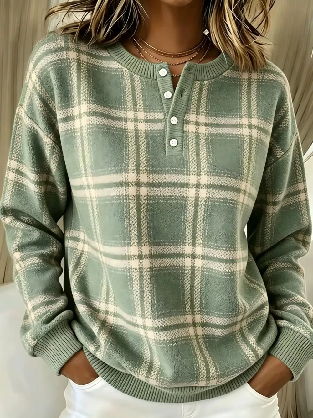 Full Size Plaid Button Detail Long Sleeve Sweatshirt Plus Size, image 4