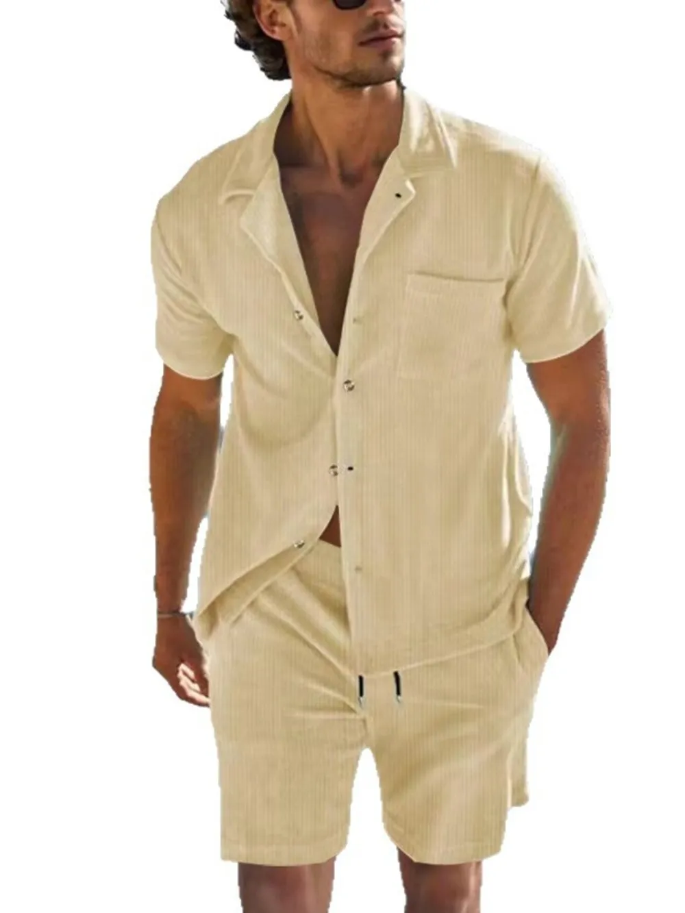 Men's Full Size Button Detail Short Sleeve Top and Shorts Set Plus Size, image 3