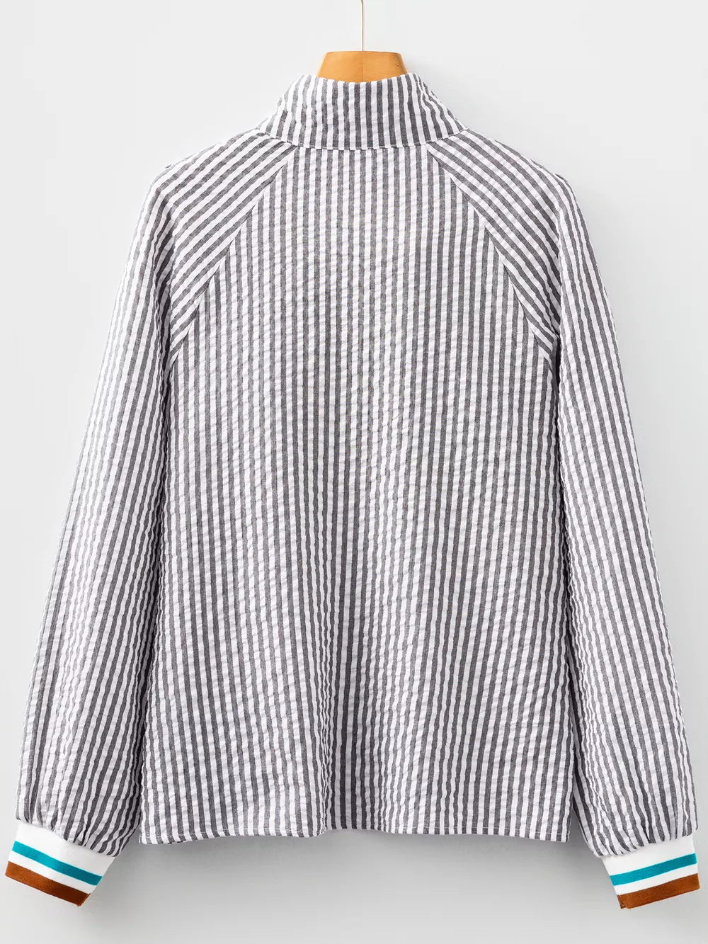 Striped Print Contrast Patchwork Detail Split Neck Blouse, image 4