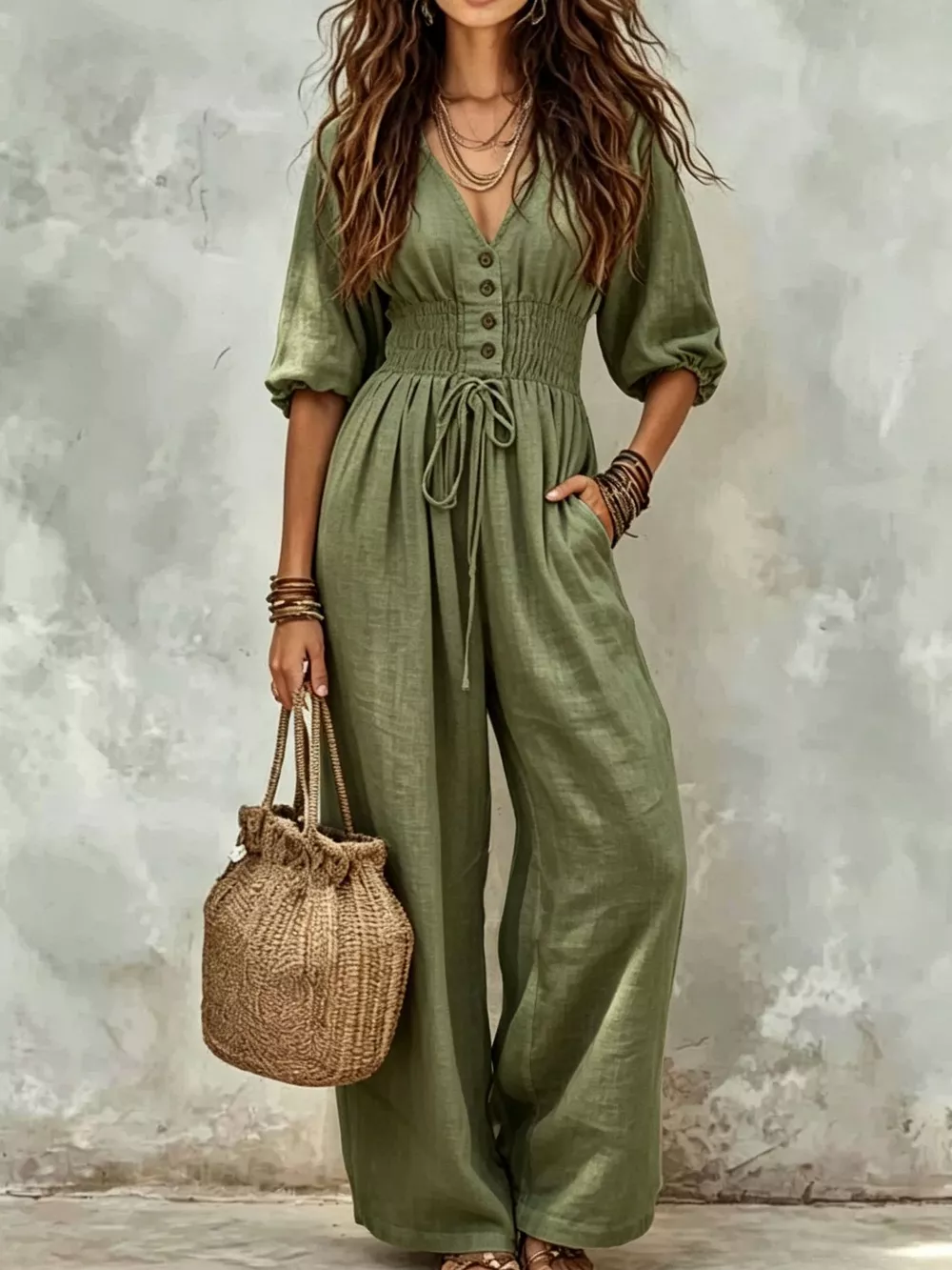 V-Neck Smocked Waist Wide-Leg Jumpsuit, image 8