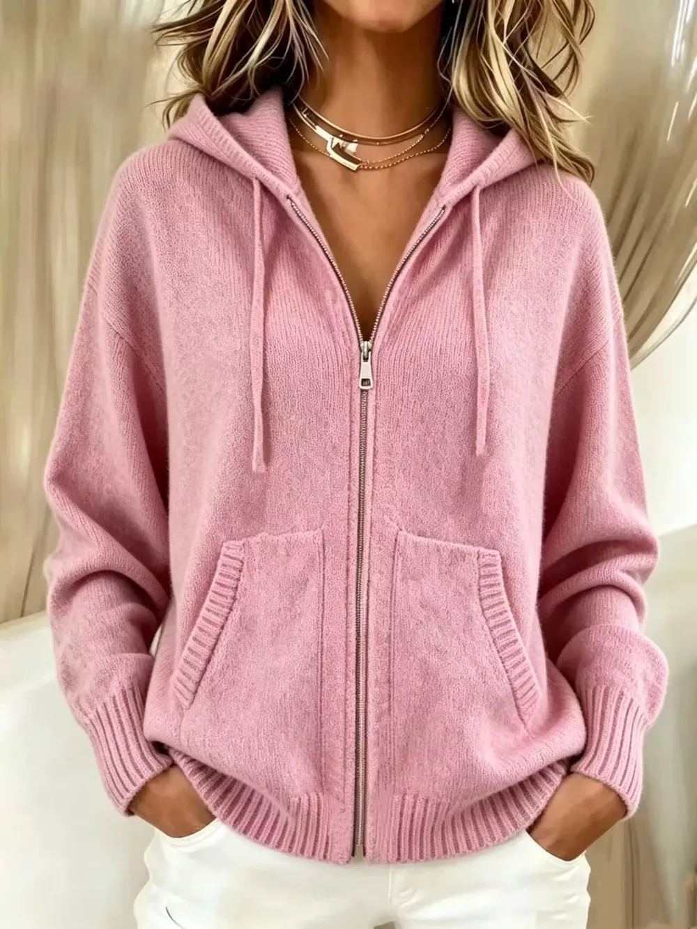 Zip-Up Hooded Knit Cardigan, image 2
