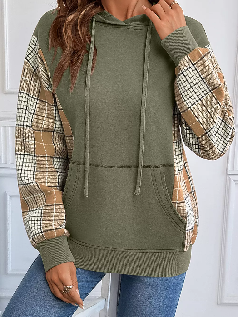 Plaid Sleeve Drawstring Pocket Hoodie, image 6