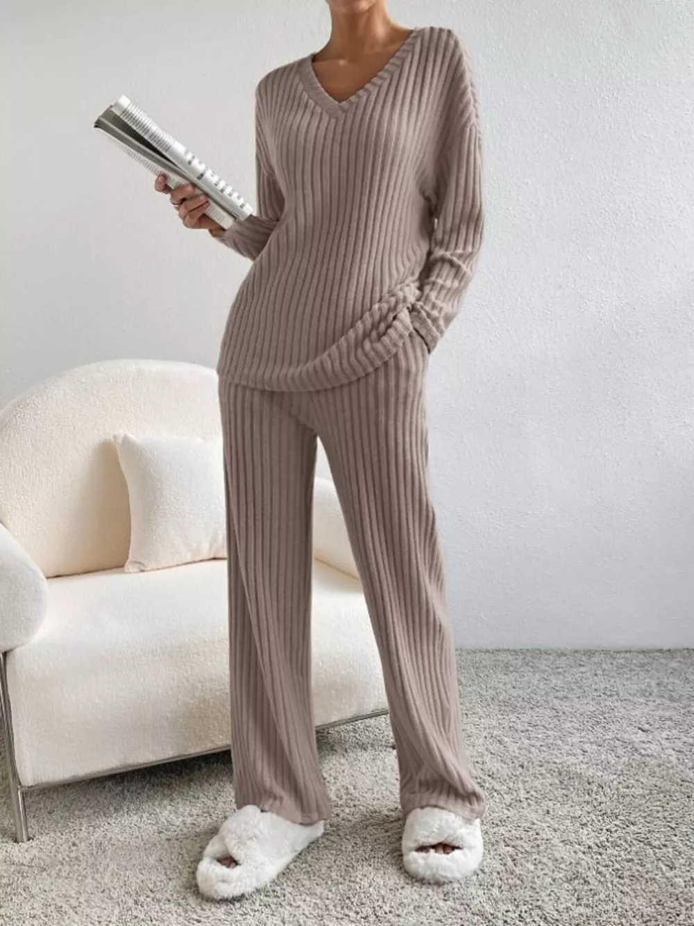 Ribbed Knit V-Neck Top and Pants Set, image 14