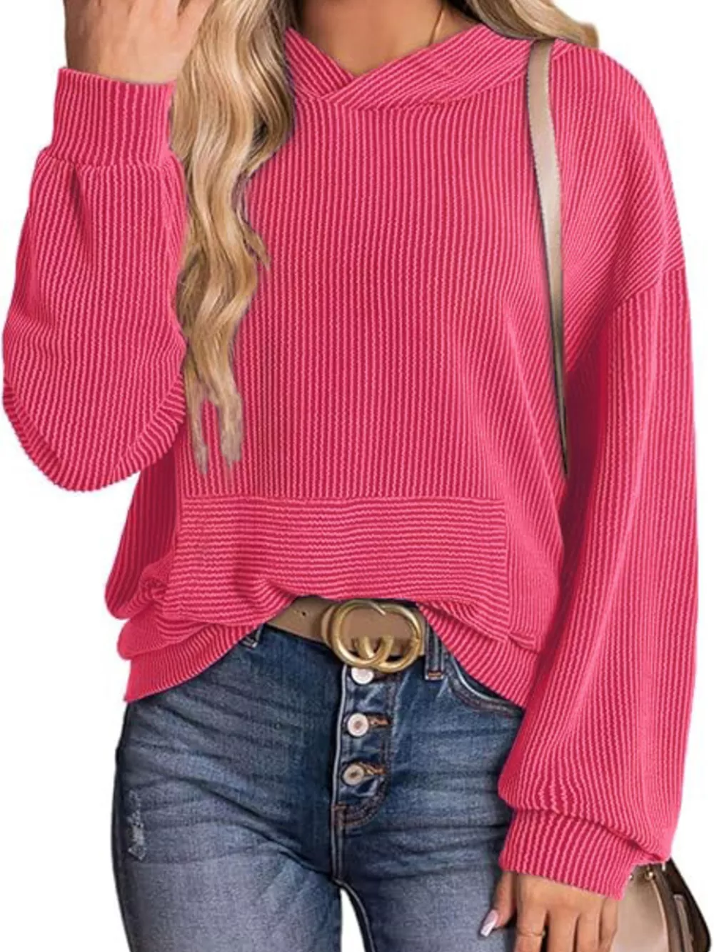 Ribbed Oversized Hoodie Sweatshirt with Pocket, image 3