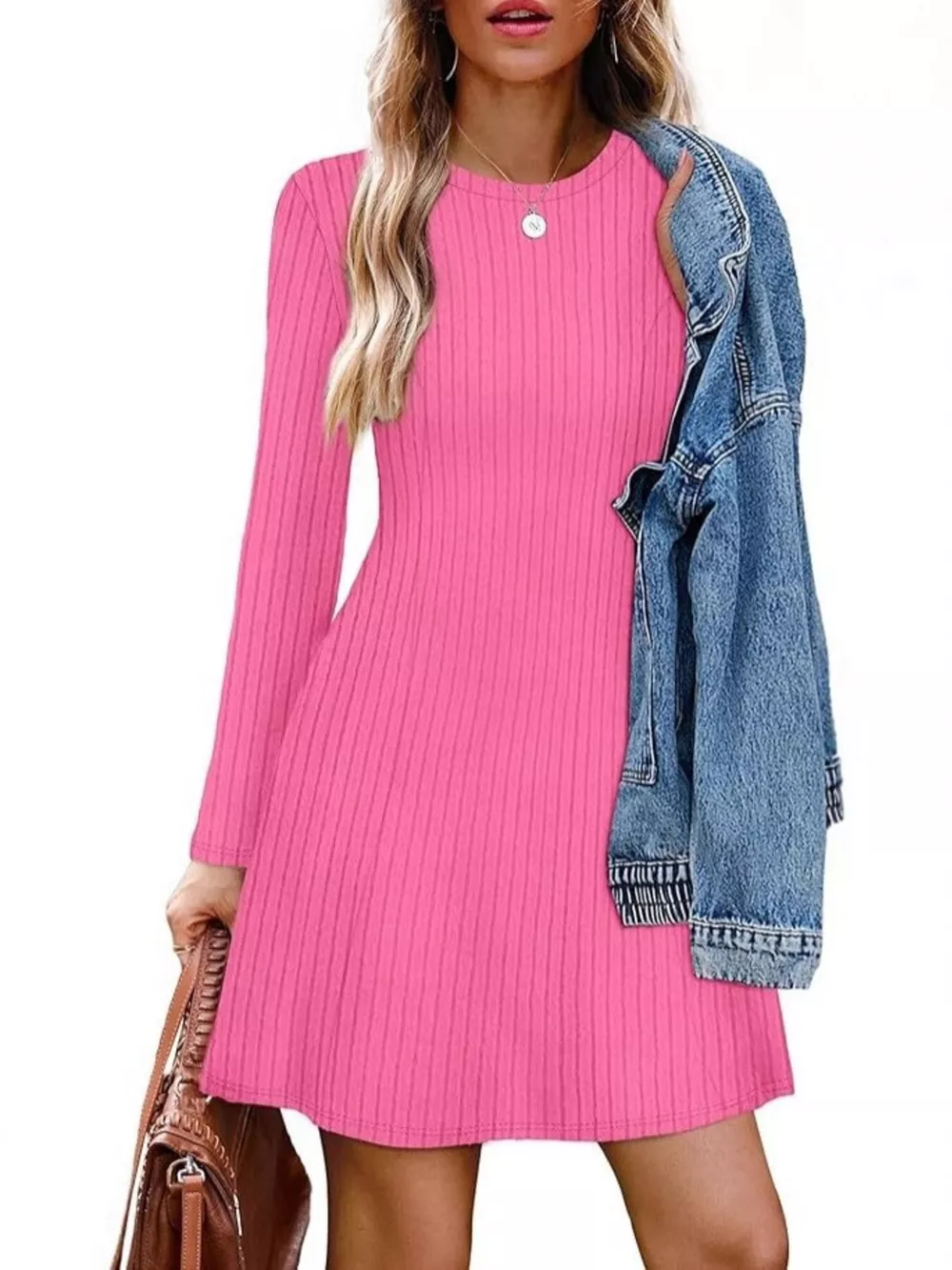 Ribbed Knit Long Sleeve A-Line Dress, image 15