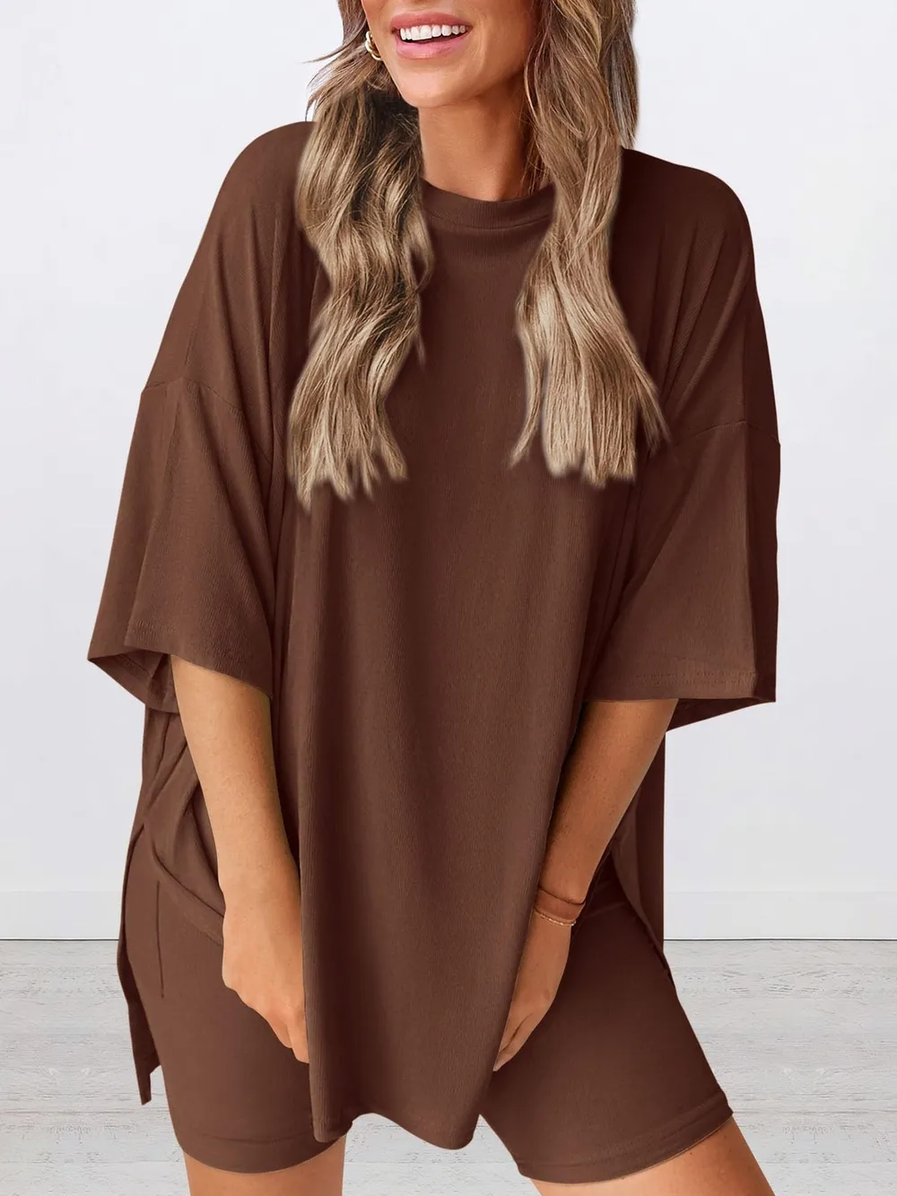 Full Size Oversized Round Neck Top and Shorts Set Plus Size, image 16