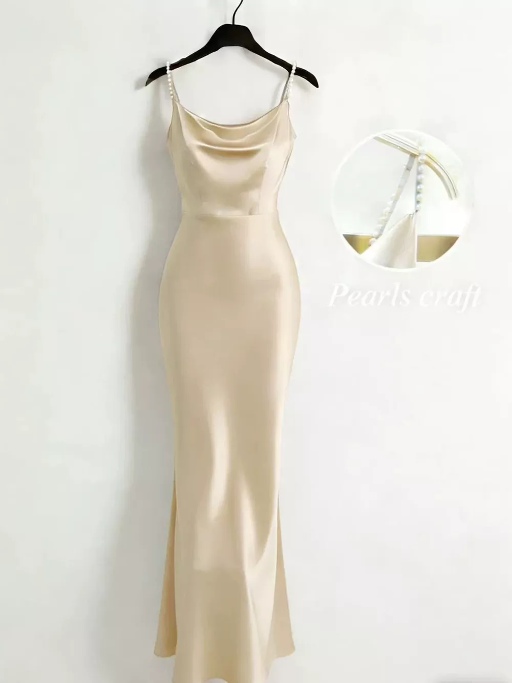 Pearl Strap Cowl Neck Satin Maxi Dress