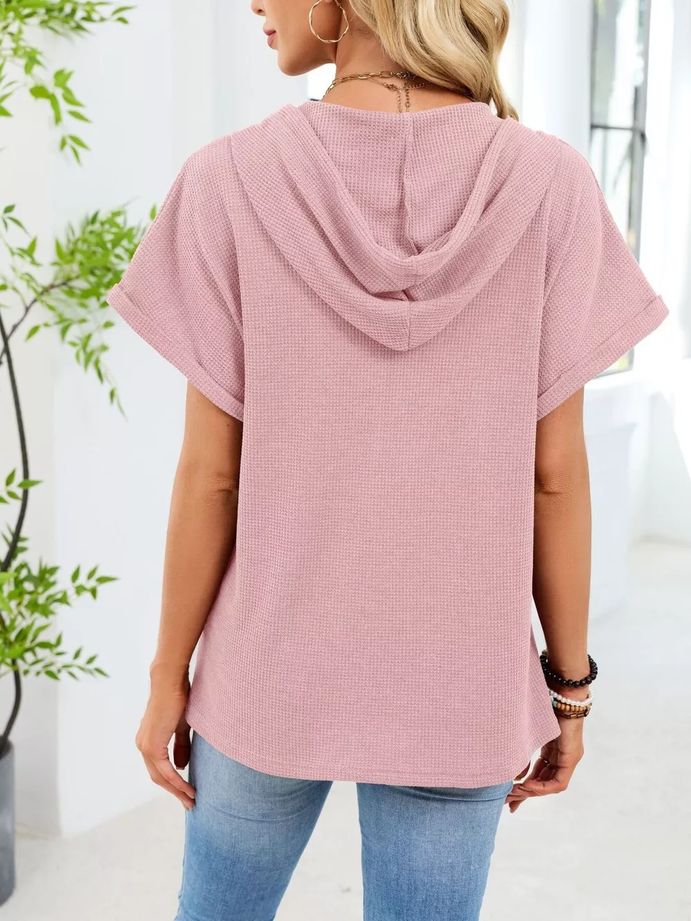 Casual Waffle Knit Button Detail Hooded Top, image 12