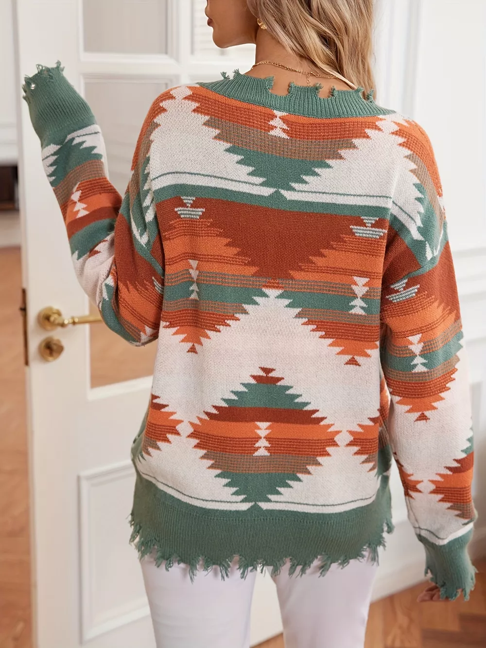 Geometric Frayed Hem V-Neck Long Sleeve Sweater, image 9