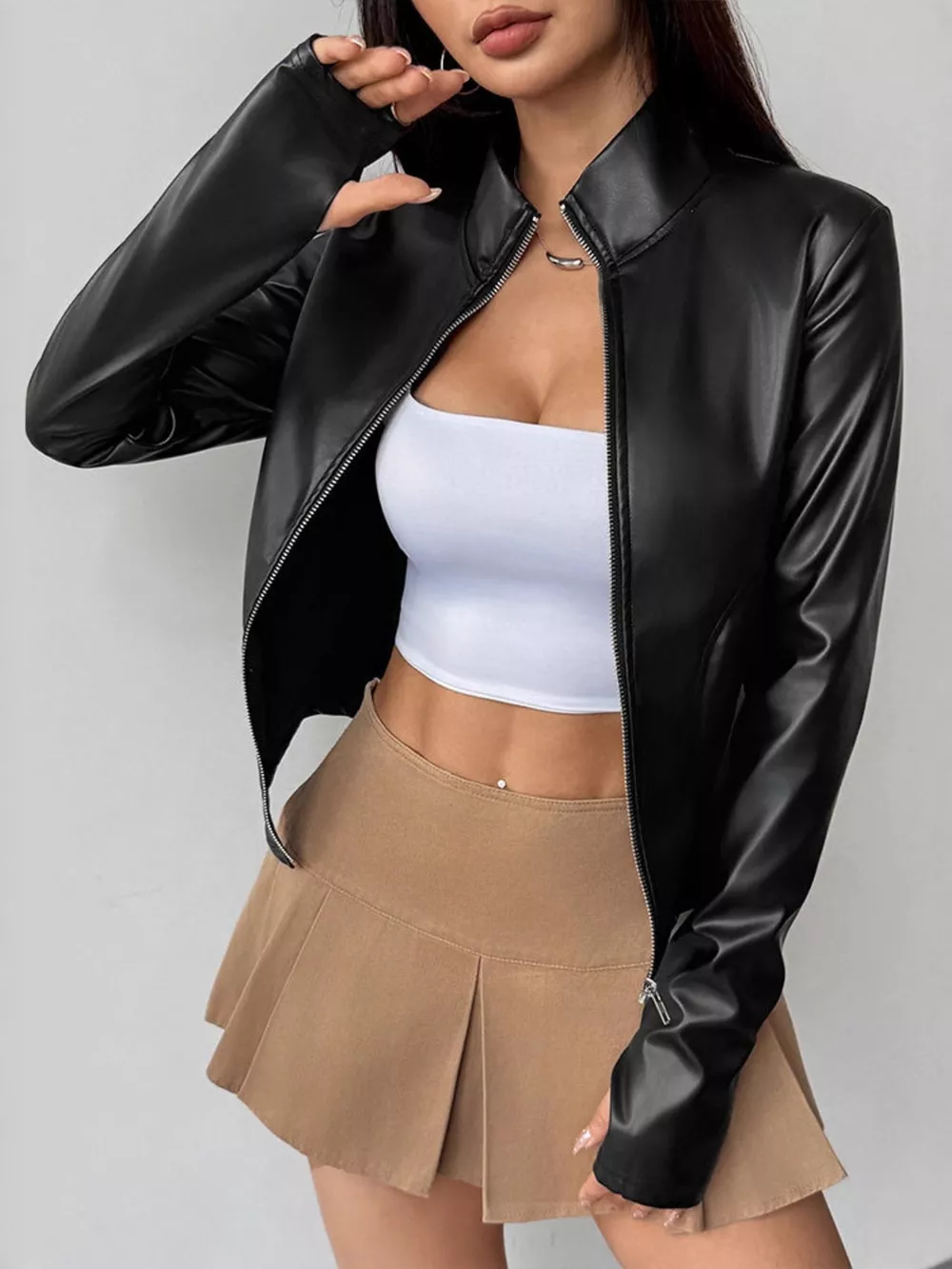 Zip Up Long Sleeve Leather Jacket, image 5