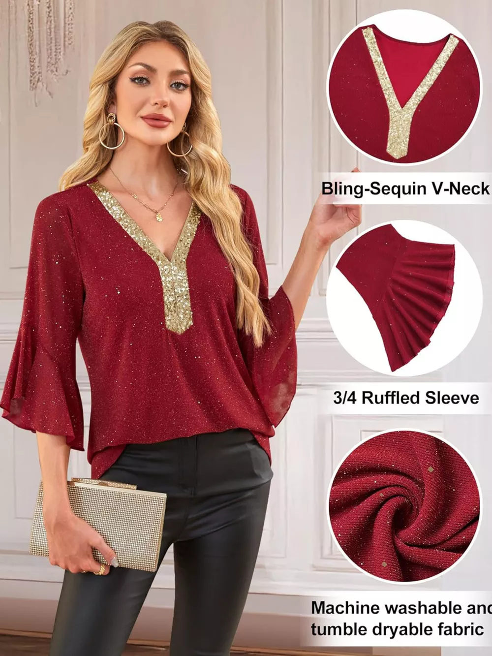 Sequin V-Neck Flounce Sleeve Blouse, image 13