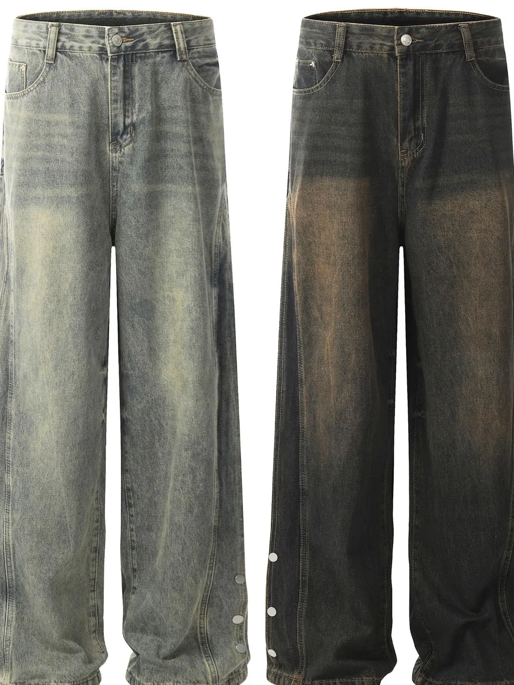 Men's Washed Wide Leg Jeans with Side Button Details, image 4
