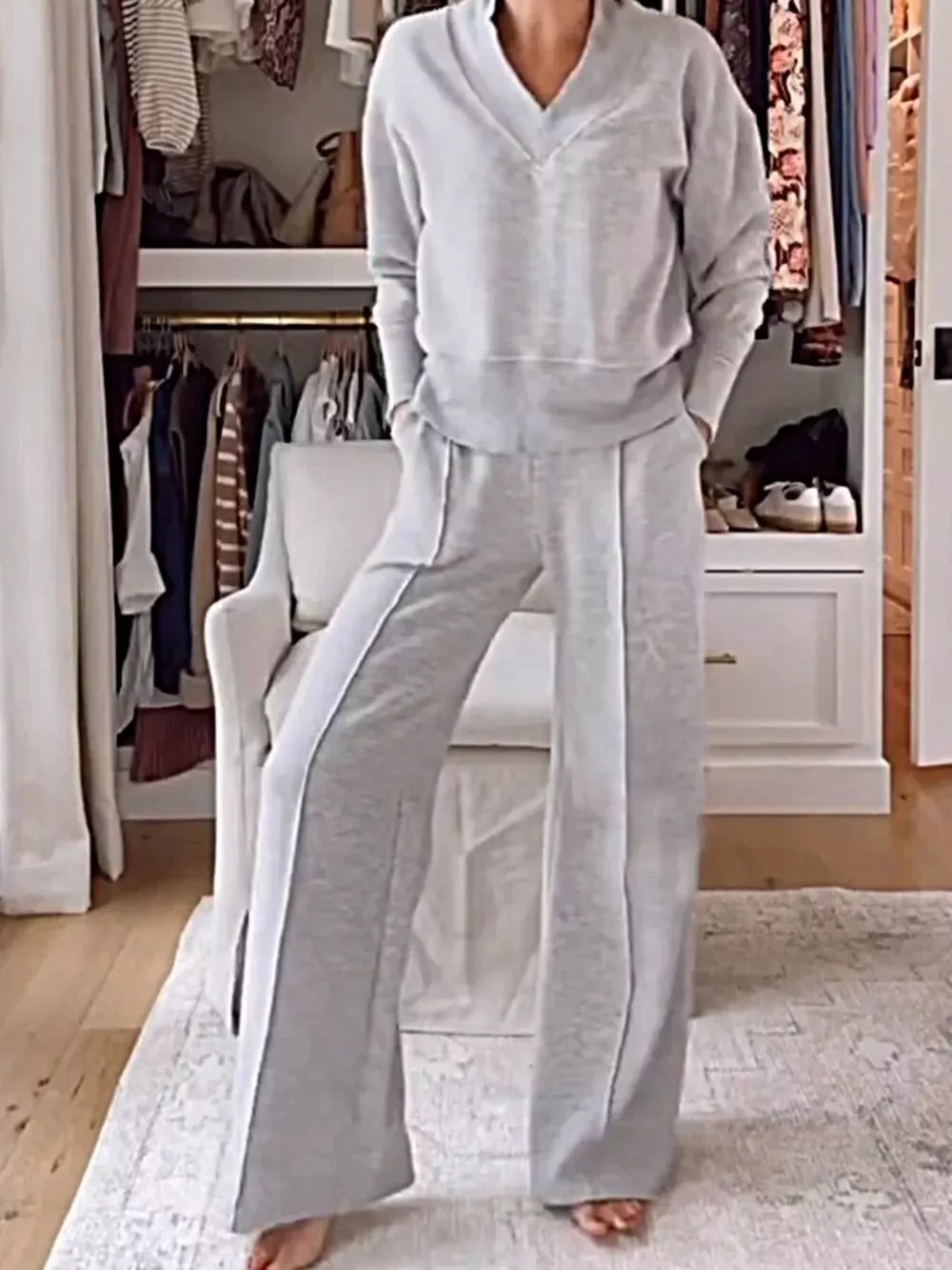 Full Size Cozy V-Neck Top and Pants Set Plus Size, image 2