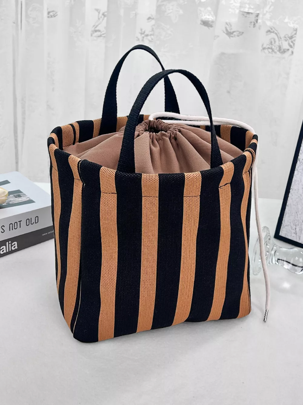 Striped Drawstring Handbag