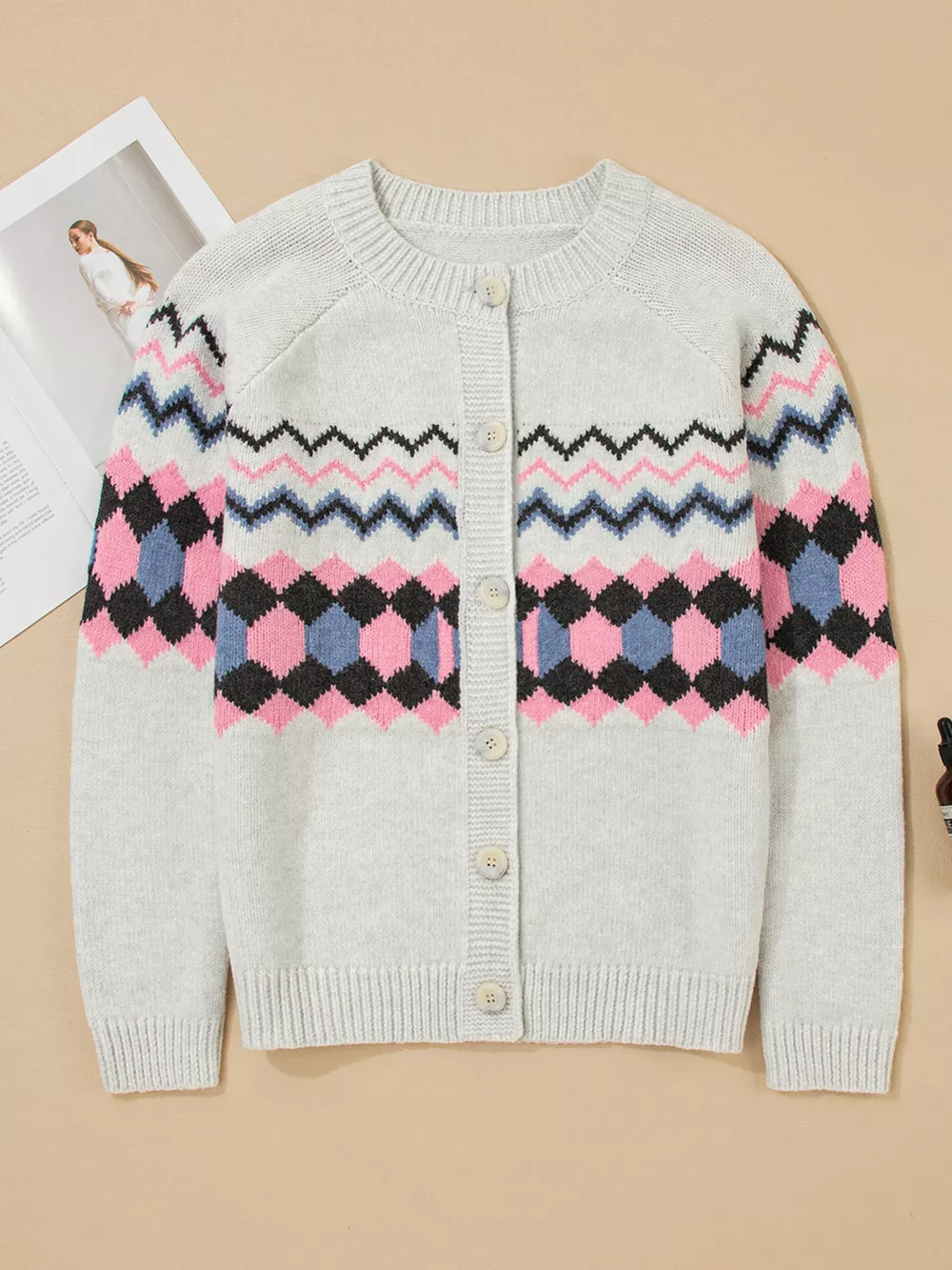 Stripe Geometric Button Up Sweater Cardigan, image 6