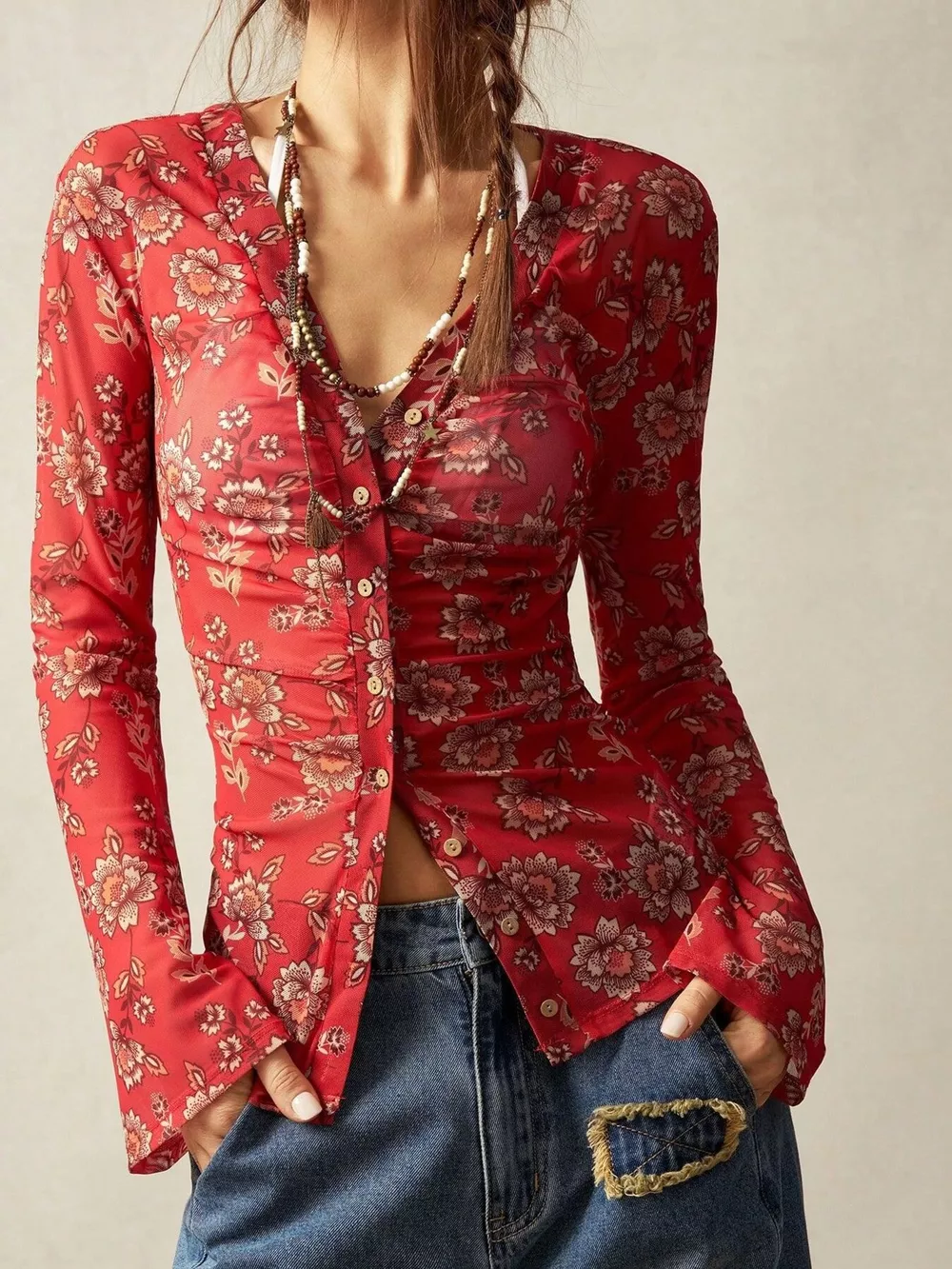 Printed Flare Sleeve Button Down Top, image 9
