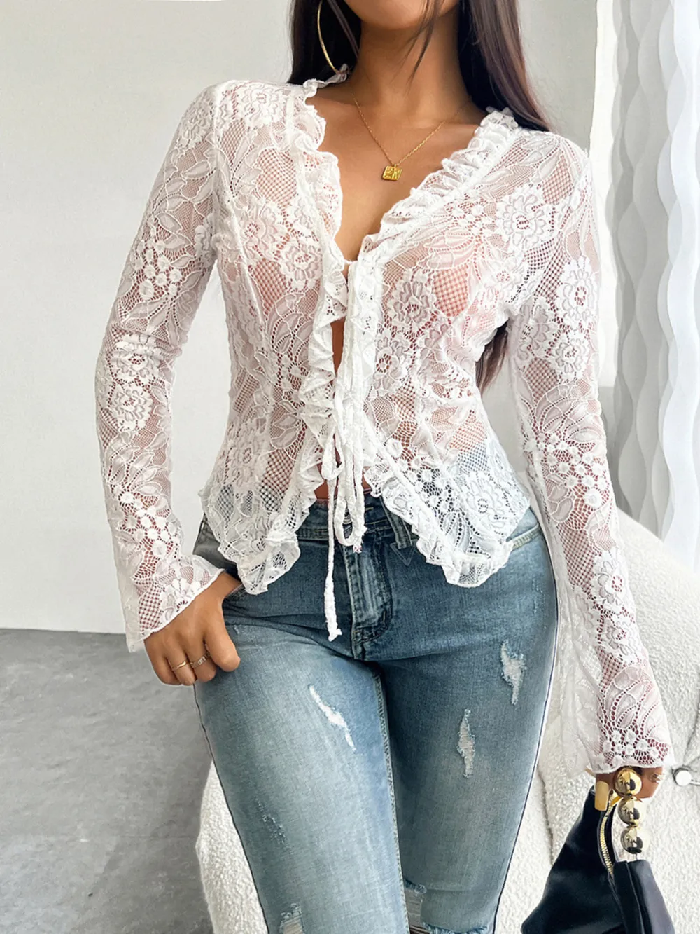 Tie Front Long Sleeve Lace Top, image 12