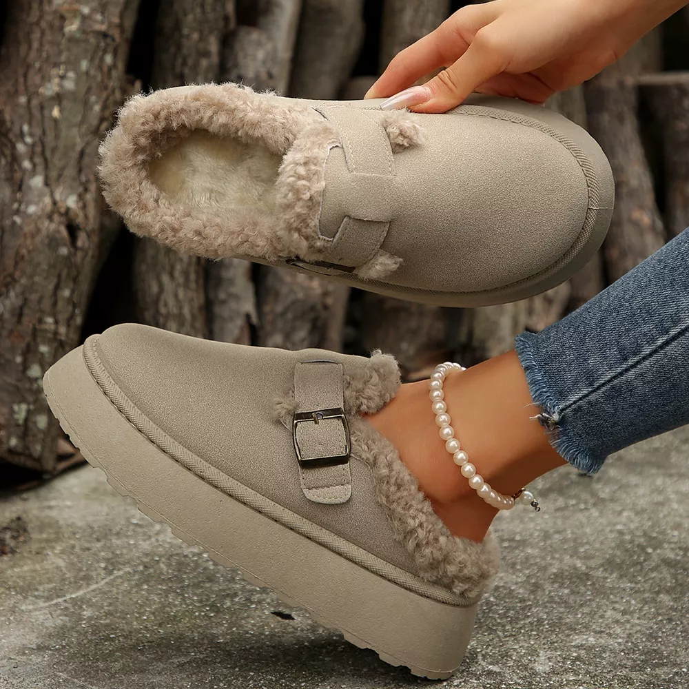 Fuzzy Trim Buckle Platform Slippers, image 13