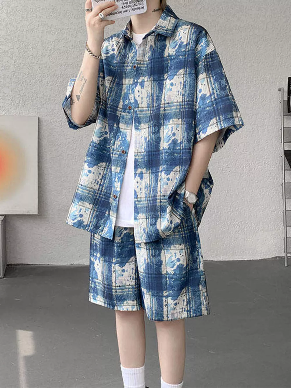 Men's Plus Size Casual Plaid Print Shirt & Shorts Set