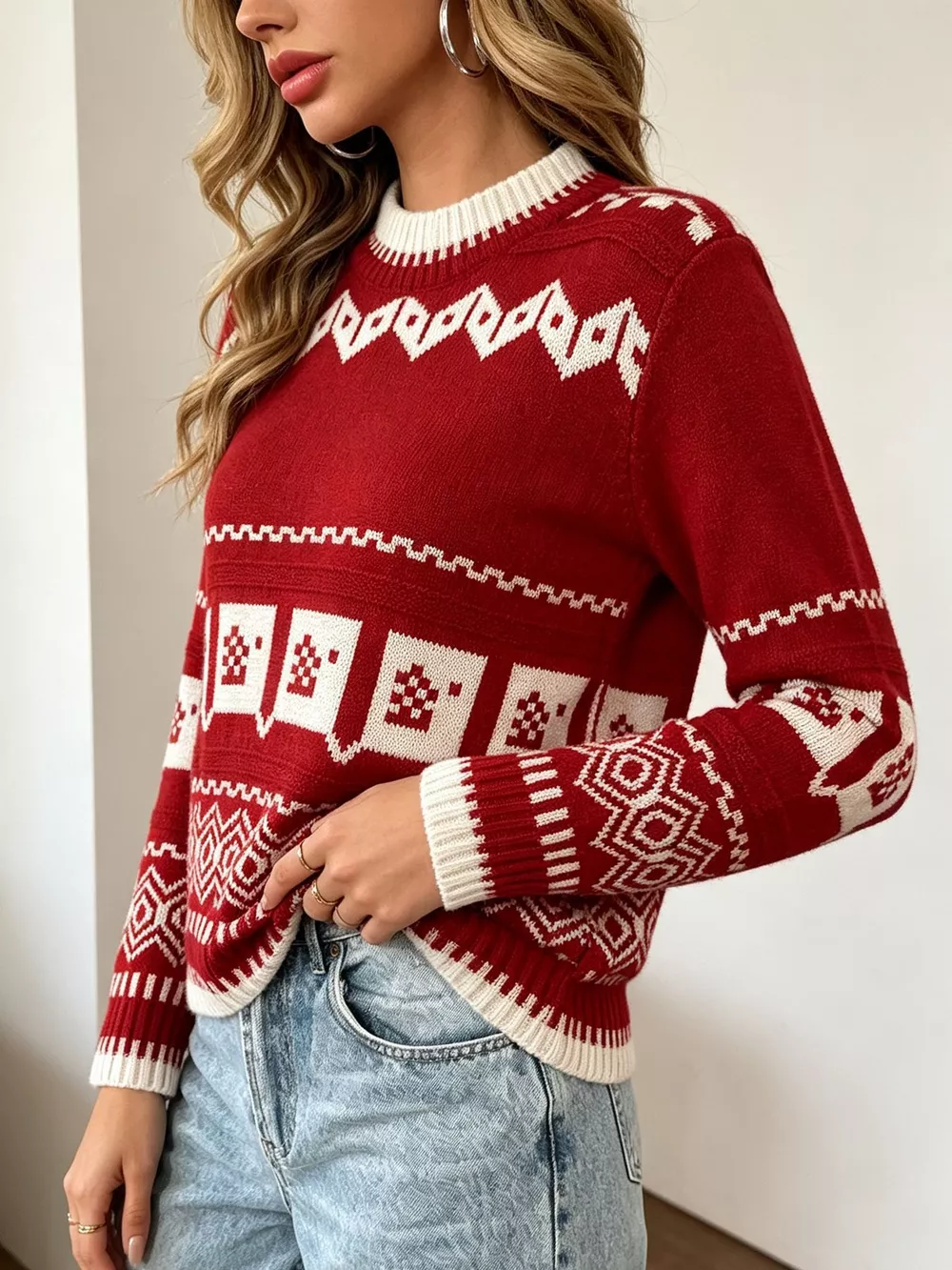 Christmas Festive Fair Isle Patterned Crew Neck Sweater, image 3