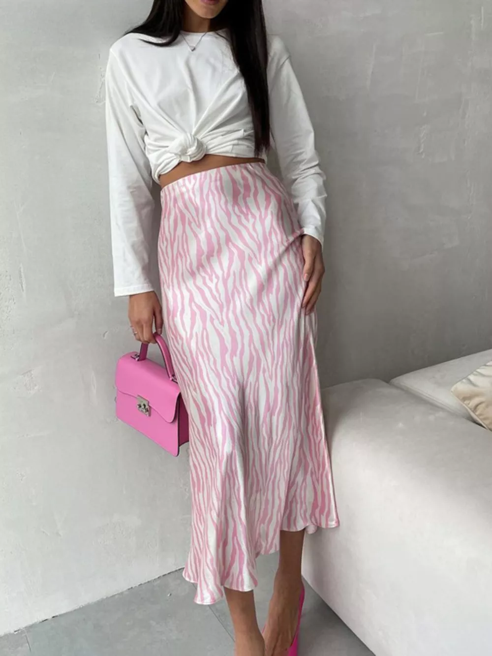 Satin Zebra Print Midi Skirt, image 8