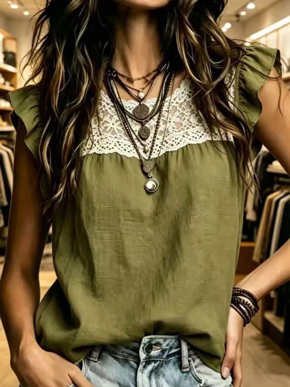 Full Size Lace Trim Ruffle Sleeve Blouse Plus Size, image 2