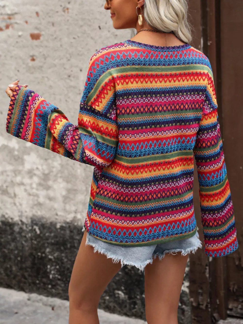 Vibrant Multi-Color Geometric Pattern Knit Top, image 6