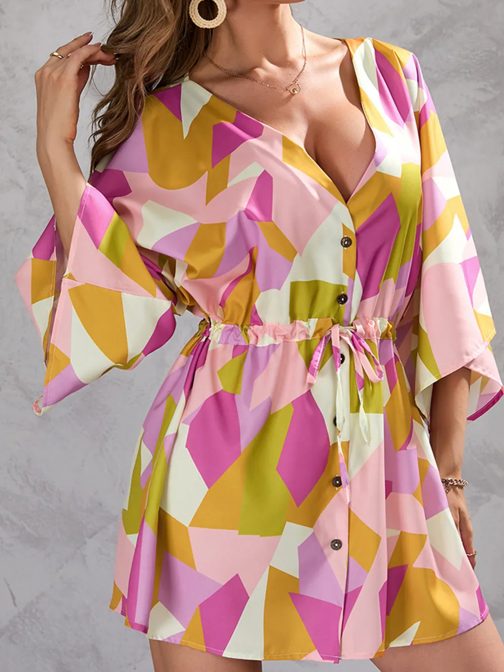 Color Block Drawstring Waist Button Up Dress, image 13