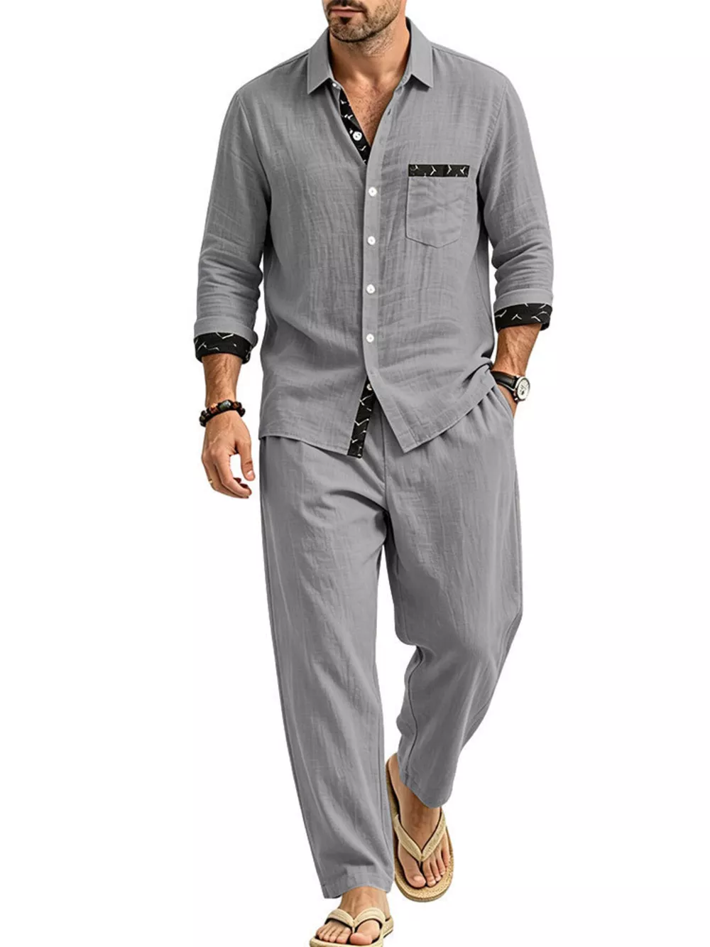 Men's Full Size Casual Button Up Shirt and Pants Two-Piece Set Plus Size, image 4