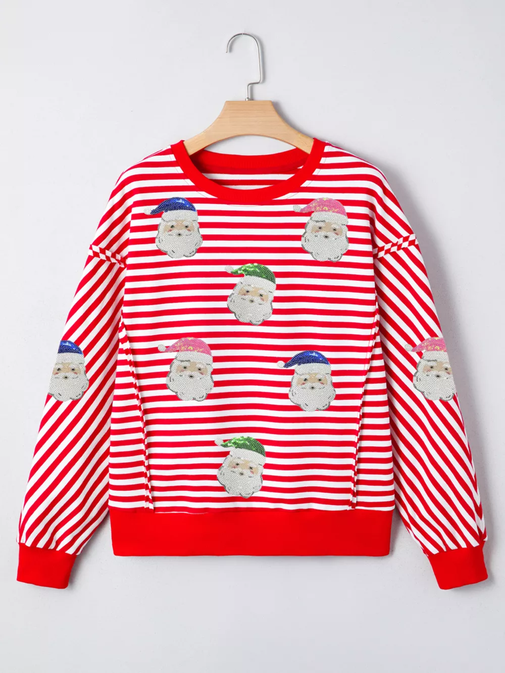 Stripe Sequin Santa Round Neck Raw Seam Detail Christmas Long Sleeve Top, image 3