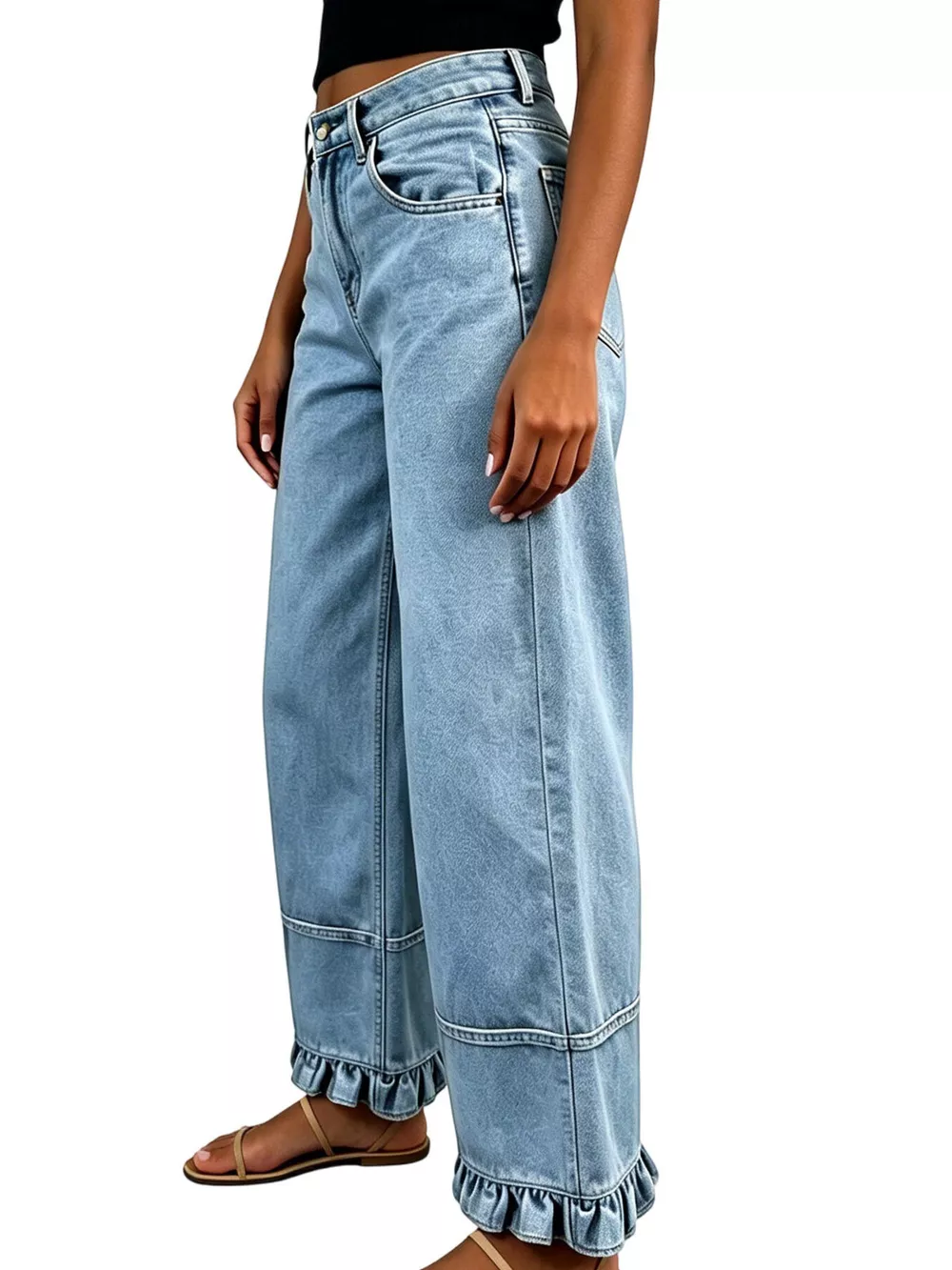 Full Size High-Waisted Wide-Leg Ruffled Hem Jeans Plus Size, image 4
