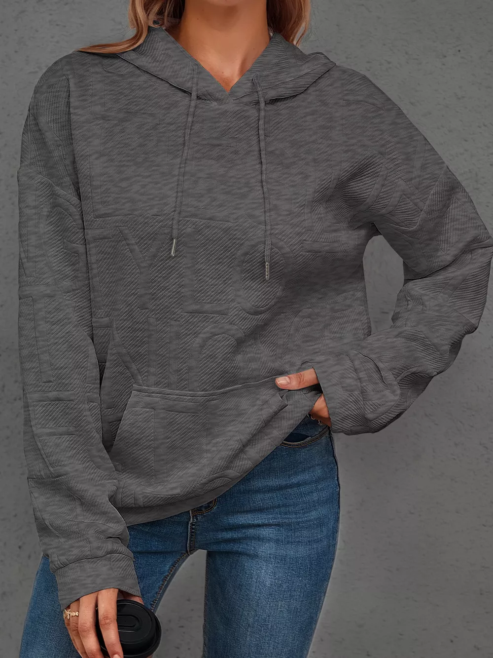 Full Size Textured Embossed Long Sleeve Hoodie Plus Size, image 24