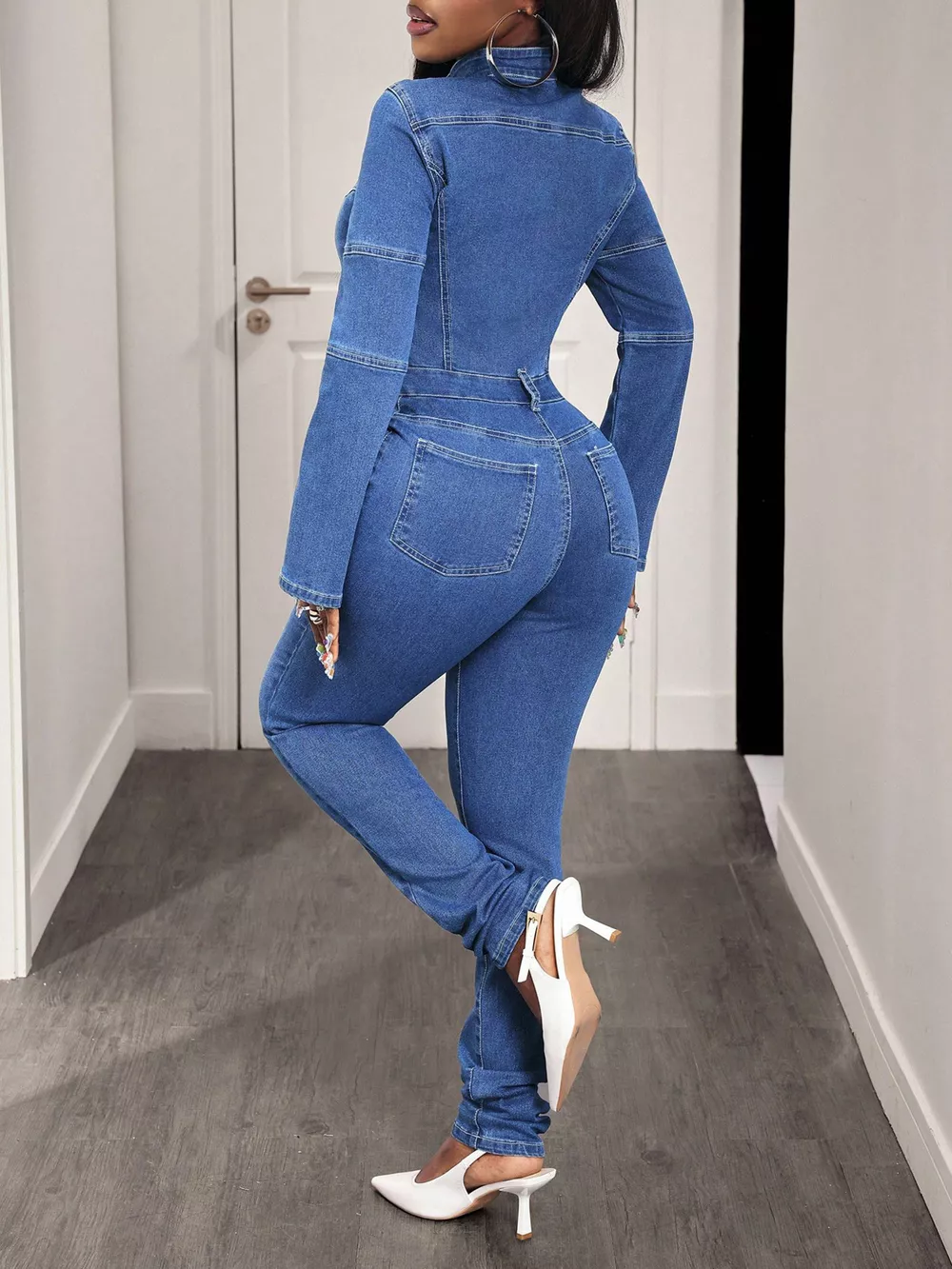Slim-Fit Long Sleeve Zip-Front Denim Jumpsuit, image 4