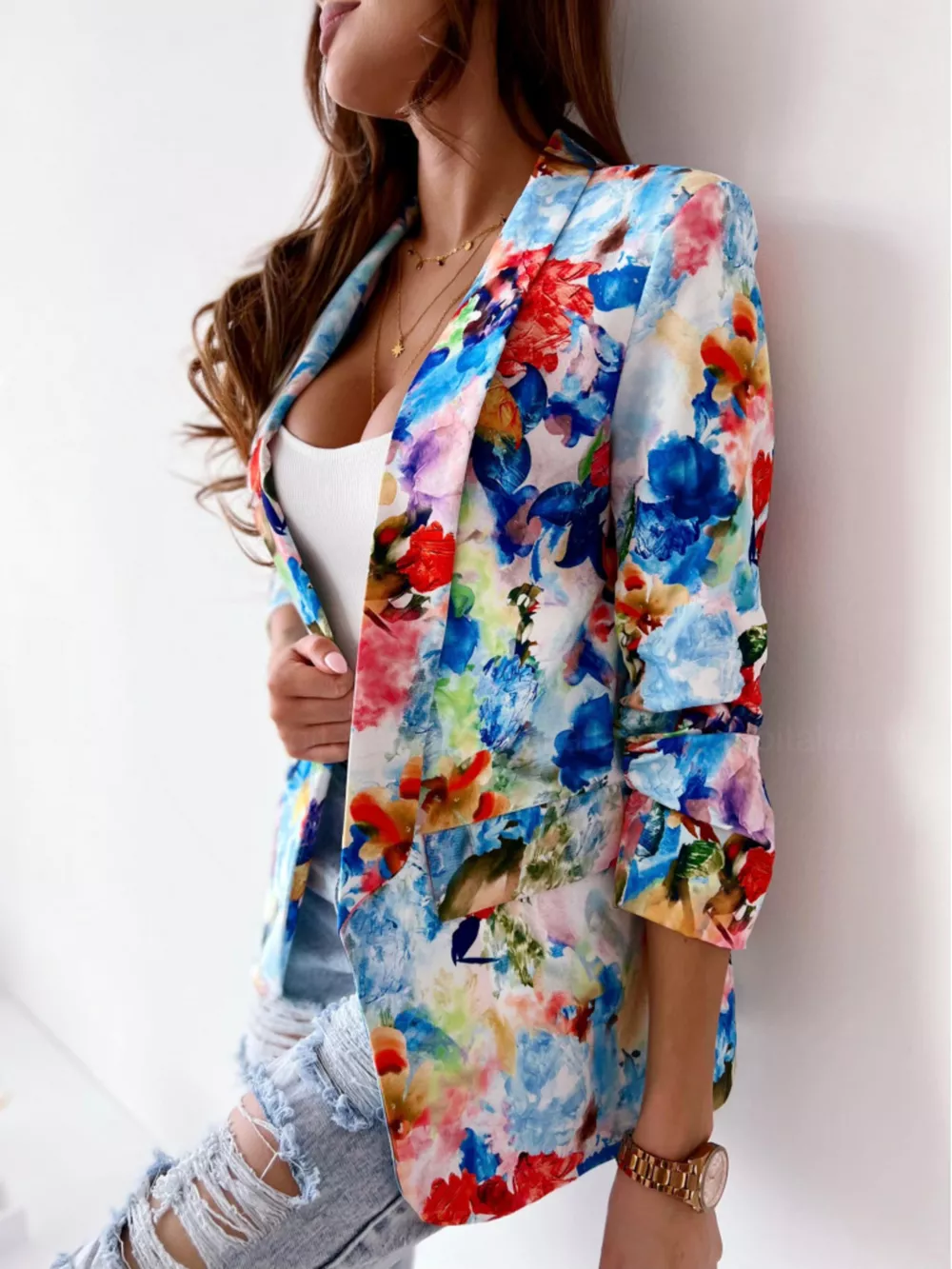 Vibrant Floral Print Open Front Blazer, image 3