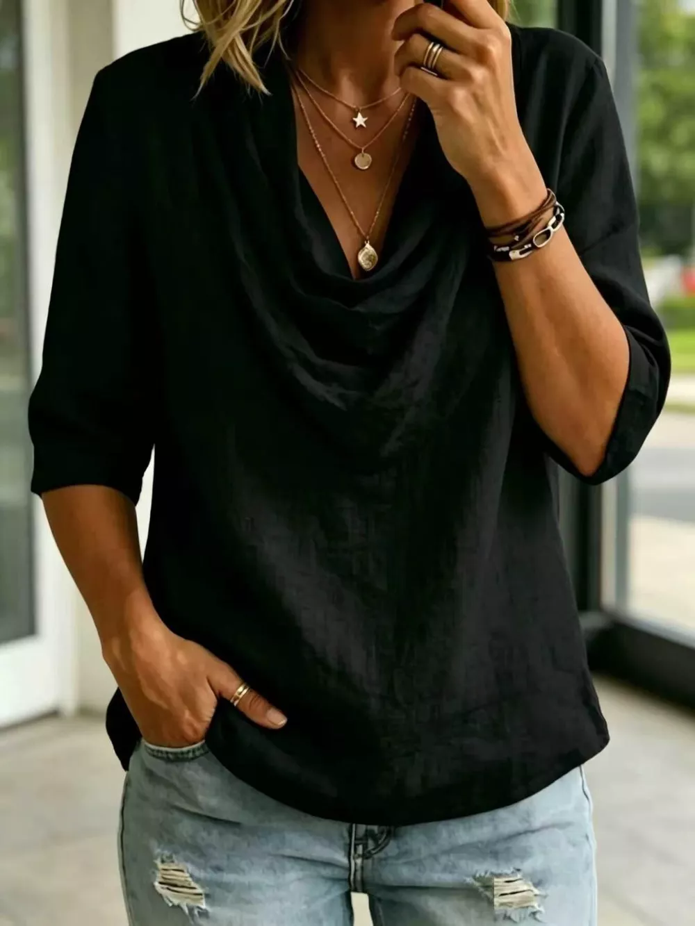 Full Size Cowl Neck 3/4 Sleeve Top Plus Size, image 3
