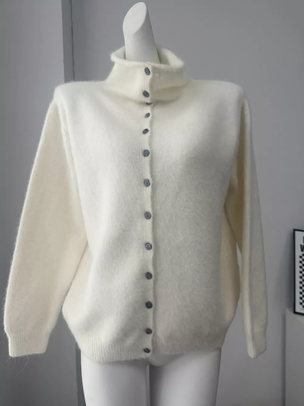 Mock Neck Button-Down Fuzzy Knit Cardigan, image 13