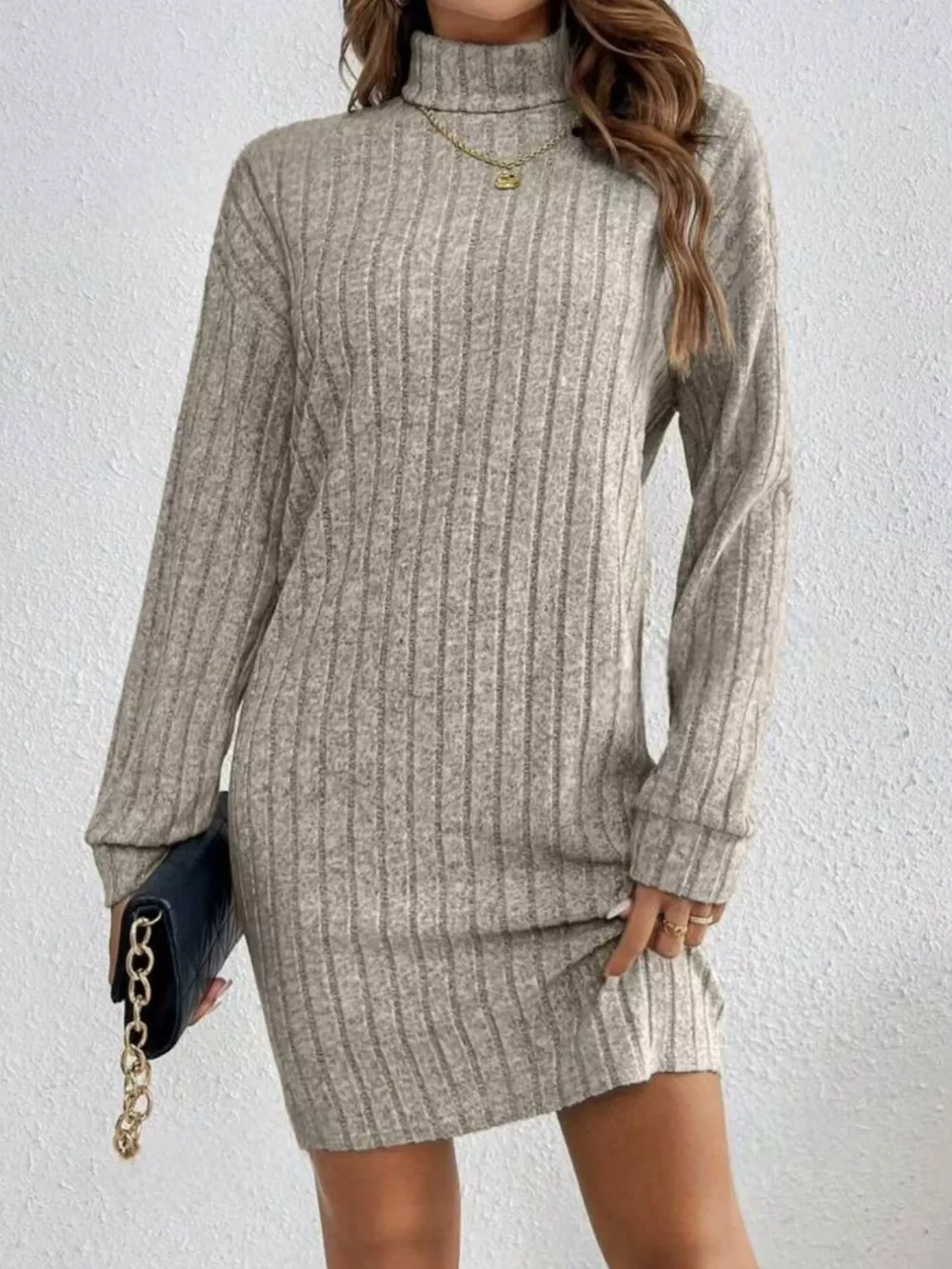 Casual Ribbed Turtleneck Long Sleeve Mini Dress, image 4
