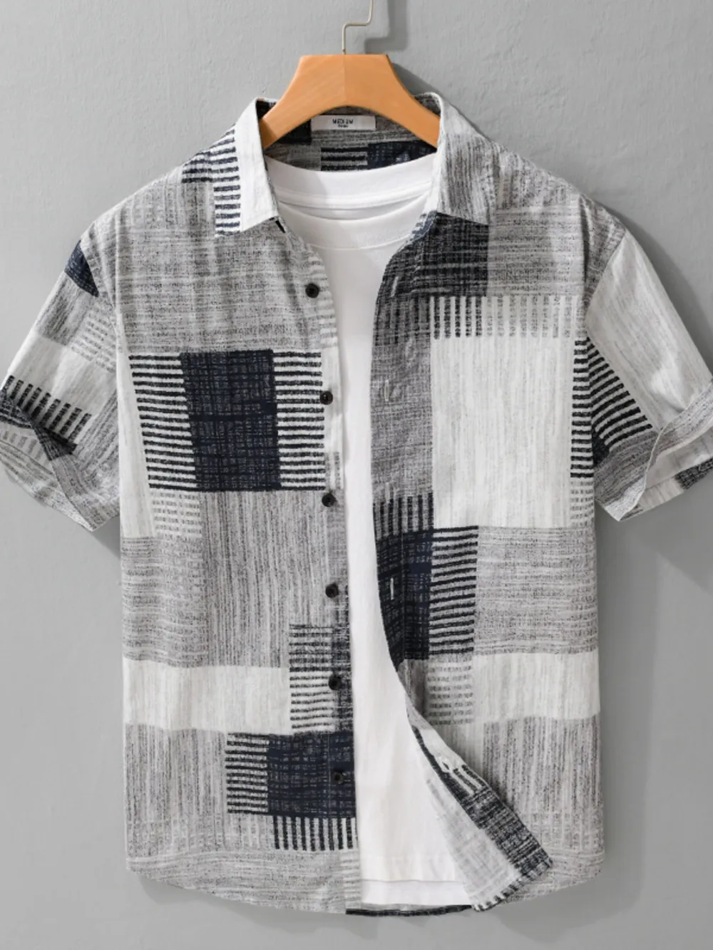 Men's Plus Size Patchwork Print Short Sleeve Shirt, image 2